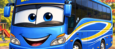 Ein lächelnder blauer Bus namens Eibsiberger parkt auf einer Grasfläche mit Bergen und einem Spielplatz im Hintergrund.