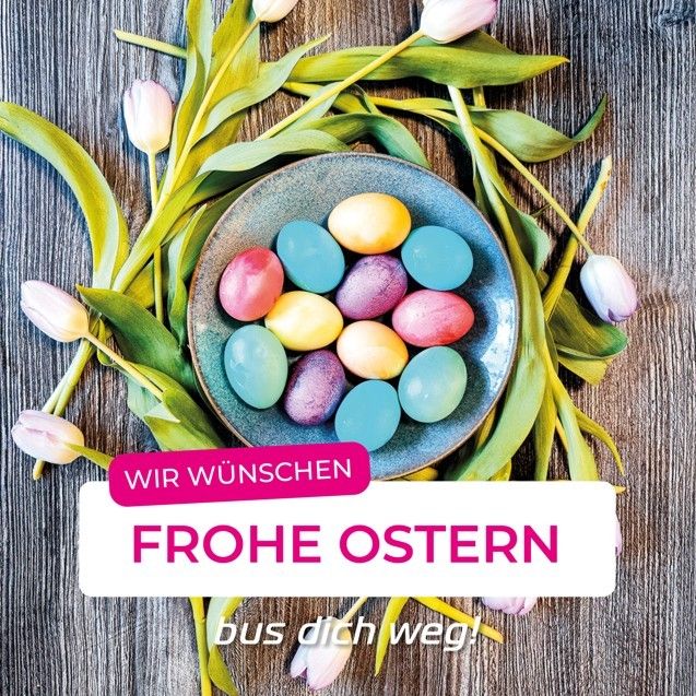 Eine Schüssel mit bunten Ostereiern auf einem Holztisch, umgeben von Tulpen und grünen Blättern, mit der Botschaft 'Frohes Ostern' in deutscher Sprache.
