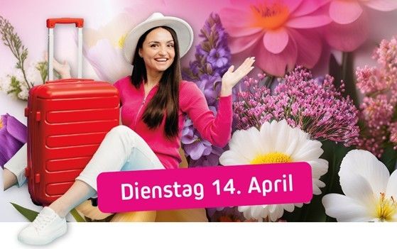 A woman sitting on the ground in front of flowers, wearing a pink sweater, a hat, and white sneakers, with a red suitcase beside her. The date April 14 is displayed in the image.