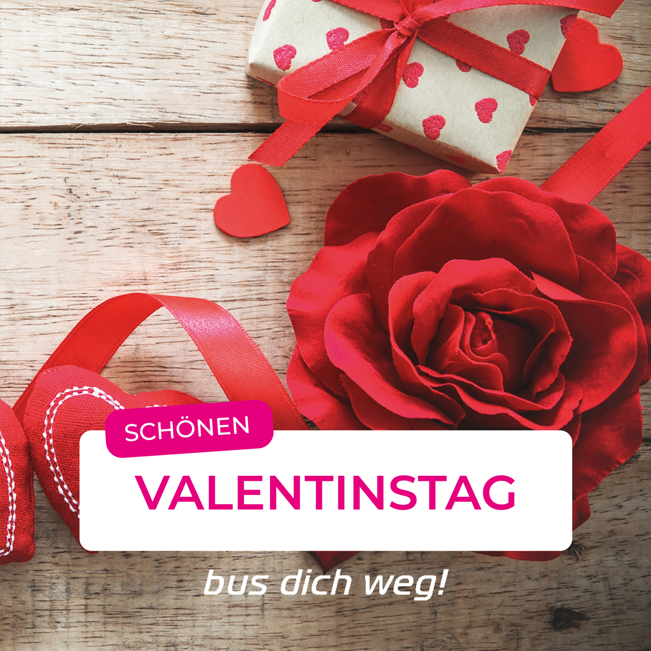 Valentine's Day with a red rose and a gift on a wooden surface. The gift has a red ribbon and heart patterns. The rose is surrounded by red ribbons. The text 'SCHÖNEN VALENTINSTAG' is in pink. The text 'bus dich weg!' is in red.