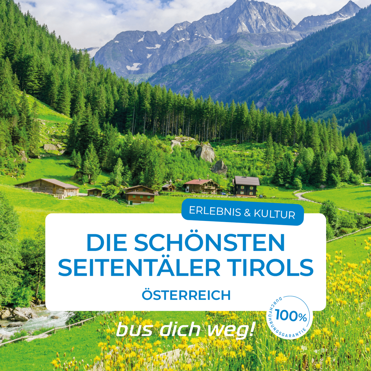 Werbeplakat für die schönsten Seitentäler Tirols, Österreich. Malerische Berge, grüne Täler und traditionelle Holzhäuser. Ein Fluss fließt durch das Tal.