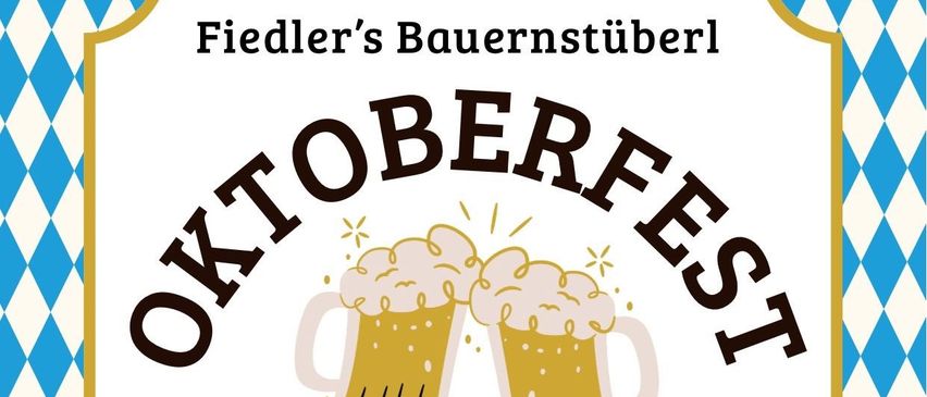 Oktoberfest-Einladung mit zwei Bierkrügen. Datum ist der 10.10.2025, Beginn um 11 Uhr. Die ersten 20 Gäste in Tracht erhalten ein Getränk gratis!