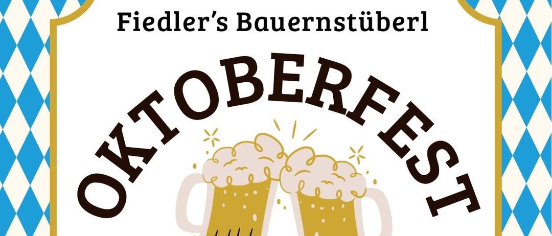 Oktoberfest-Einladung mit zwei Bierkrügen. Datum ist der 10.10.2025, Beginn um 11 Uhr. Die ersten 20 Gäste in Tracht erhalten ein Getränk gratis!