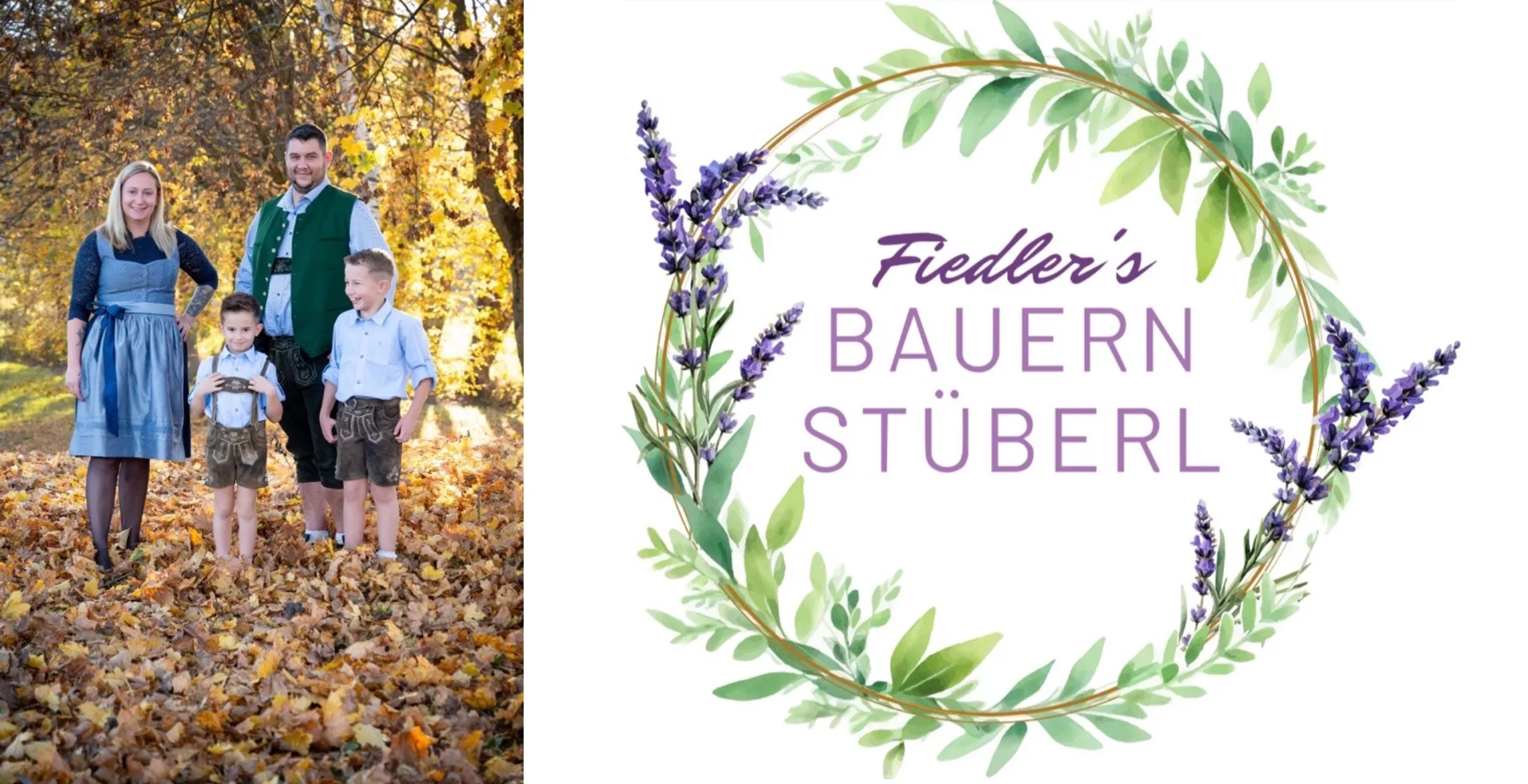 Ein Junge steht in einem belaubten Bereich, möglicherweise einem Wald, mit einem Mann hinter ihm. Das Bild ist lebhaft und hell. Ein Kranzdesign mit Lavendelblüten und Blättern. Der Text lautet 'Fiedler's BAUER STUBER'.