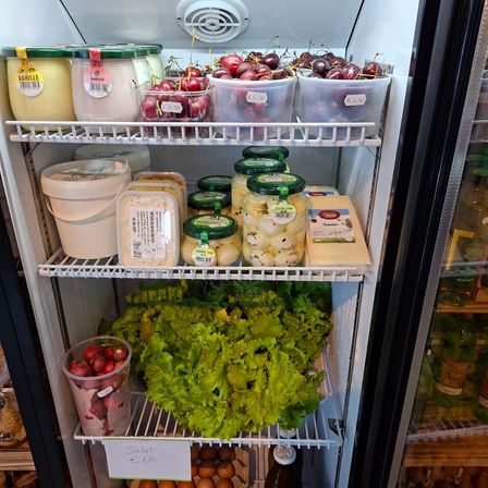 Ein Kühlschrankregal zeigt verschiedene Lebensmittel, darunter Behälter mit Kirschen, verschiedene Käsesorten, einen Eimer mit Eiern und einen großen grünen Salat. Etiketten zeigen Preise und Namen der Produkte.