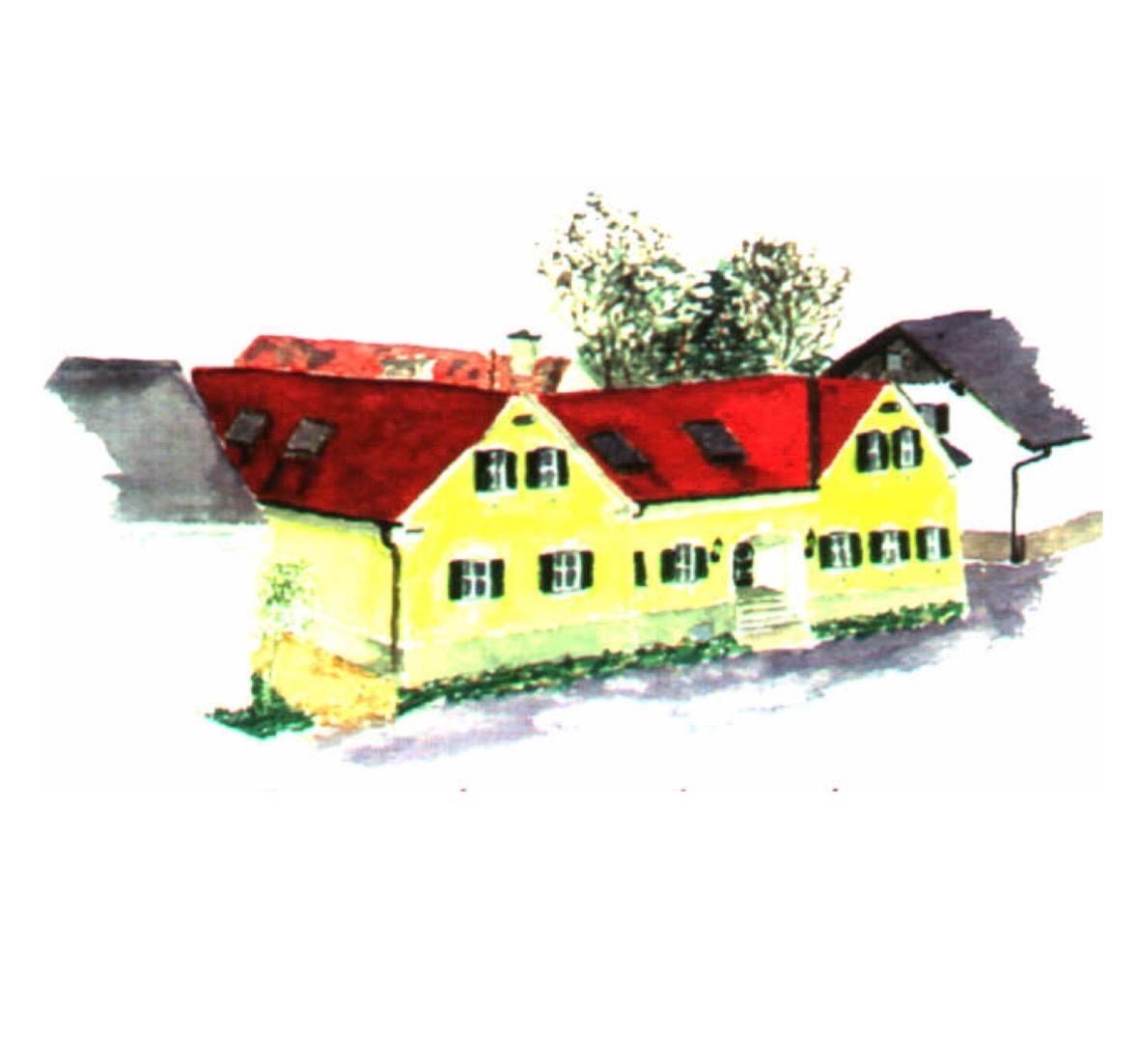 Eine Illustration eines gelben Hauses mit einem roten Dach und mehreren Fenstern. Bäume und ein weiteres Haus befinden sich dahinter.