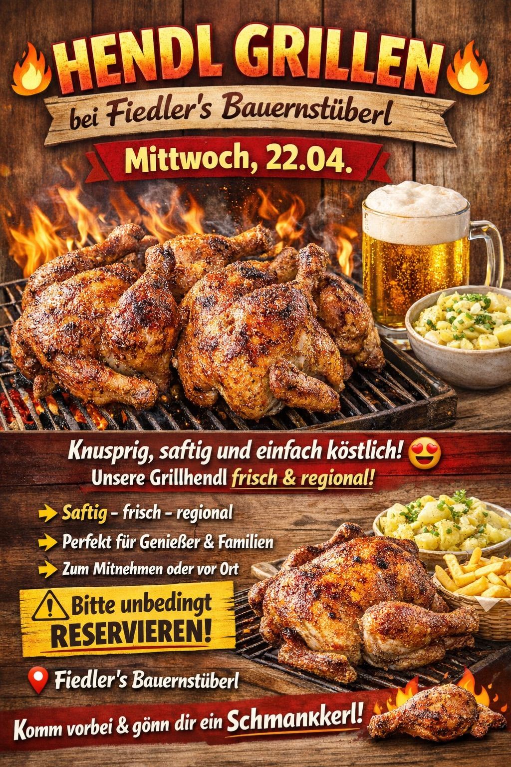 Gegrilltes Huhn auf einem Holzgrill mit Feuer. Ein Bierkrug und Beilagen auf einem Holztisch. Der Text lautet: Knusprig, saftig und einfach köstlich! Perfekt für Genießer und Familien. Jetzt reservieren!