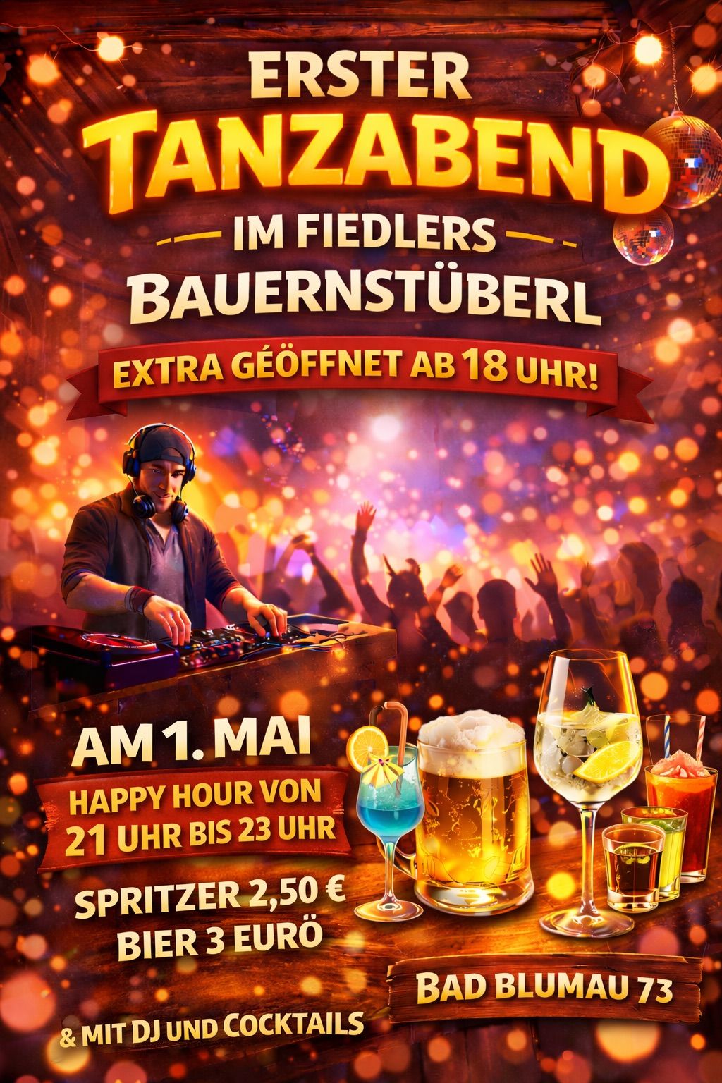 Werbeposter für einen DJ in Fiedlers Bauernstube. Extra lange Öffnung ab 18 Uhr. 1. Mai, Happy Hour von 21 Uhr bis 23 Uhr, Spritzer für 2,50 Euro.