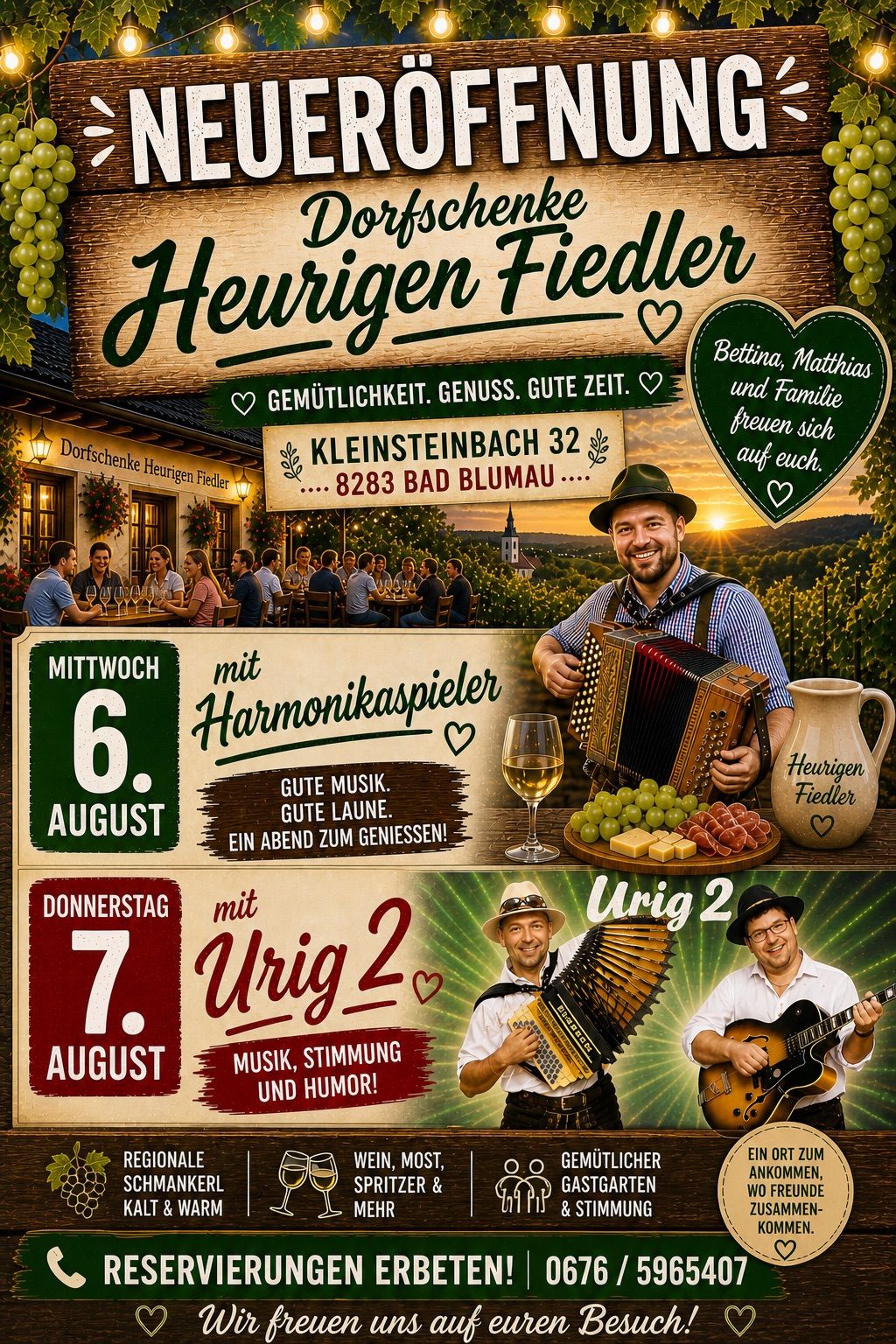 Plakat für Dorfgen Fiedler Heurigen. Zeigt einen Mann mit Akkordeon, Wein und Trauben. Geplante Veranstaltungen für den 6. und 7. August mit Akkordeon- und Gitarrenmusik.