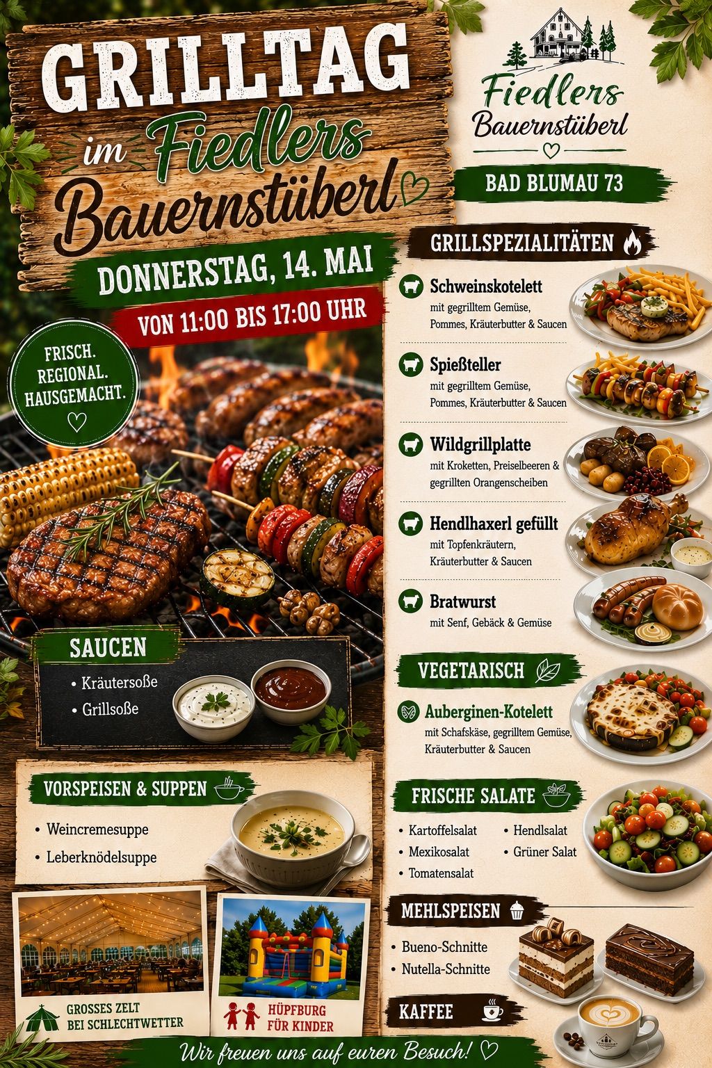 Das Menü bietet gegrilltes Fleisch, Saucen und Salate. Würste, Schweinekoteletts und Hähnchen. Frisch, regional und hausgemacht. Donnerstag, 14. Mai, von 11:00 bis 17:00 Uhr.
