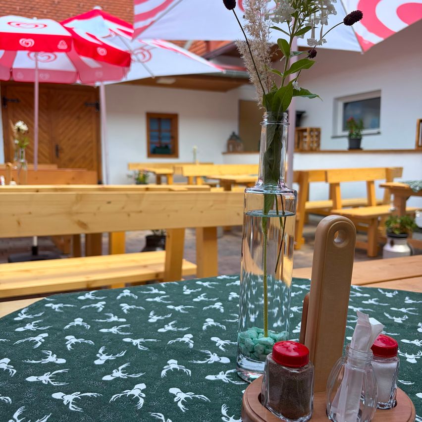 Ein hölzerner Tisch mit einer grünen Tischdecke mit Hirsch-Aufdruck, einer klaren Vase mit Wasser und einer Pflanze sowie Gewürze in kleinen Flaschen. Dahinter befinden sich Holzbänke und Regenschirme im Essbereich im Freien.