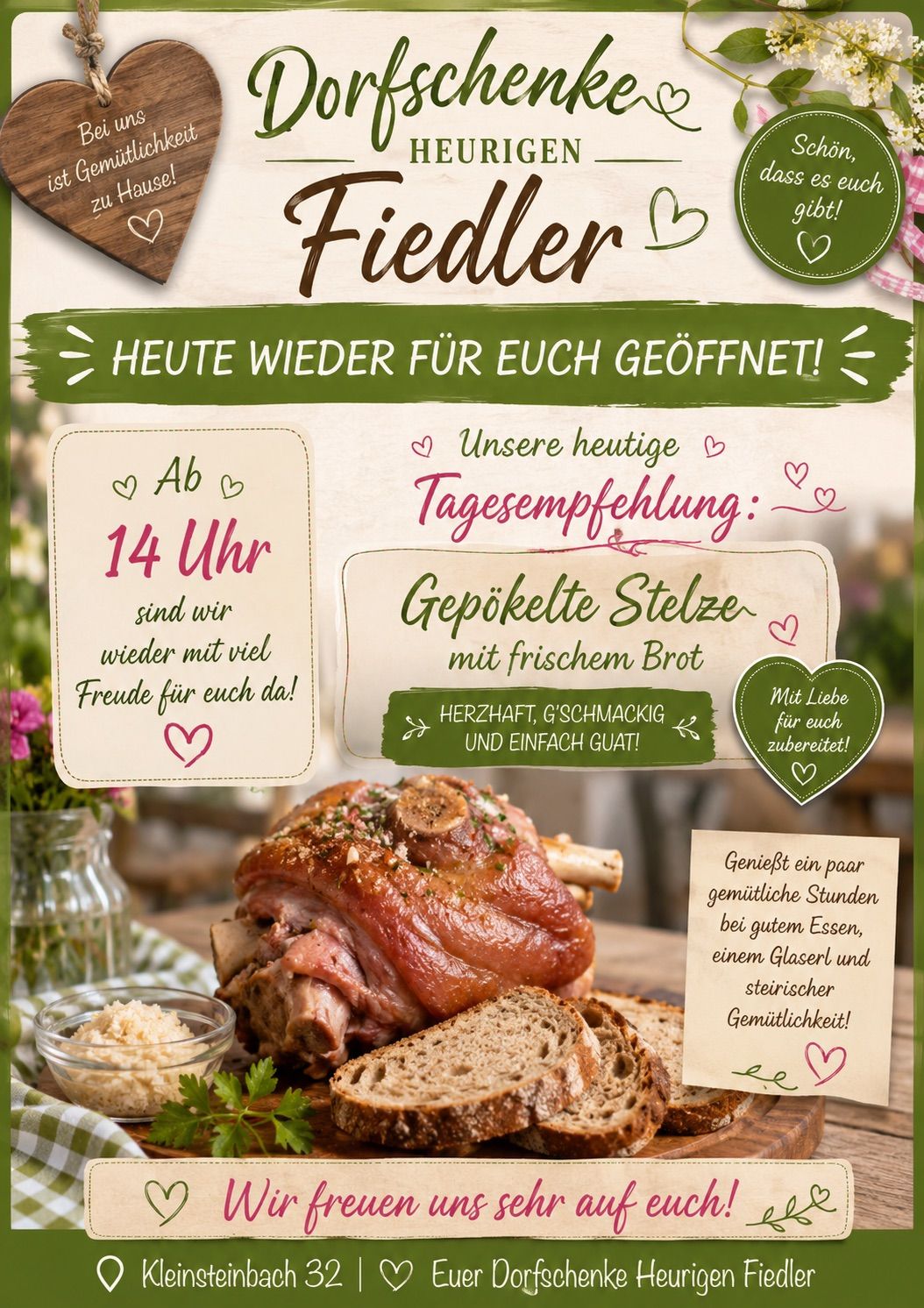 Eine Werbung für Fiedler, ein Restaurant, zeigt ein gebratenes Schweinebein mit Brot und einer Beilage aus Käse. Der Text lautet 'Heute wieder für Sie geöffnet!' und 'Unsere heutige Empfehlung: Gebratenes Schweinebein mit frischer Brühe, herzhaft, schmackhaft und einfach gut!'. Ein Zitat verleiht Wärme und Gemütlichkeit.