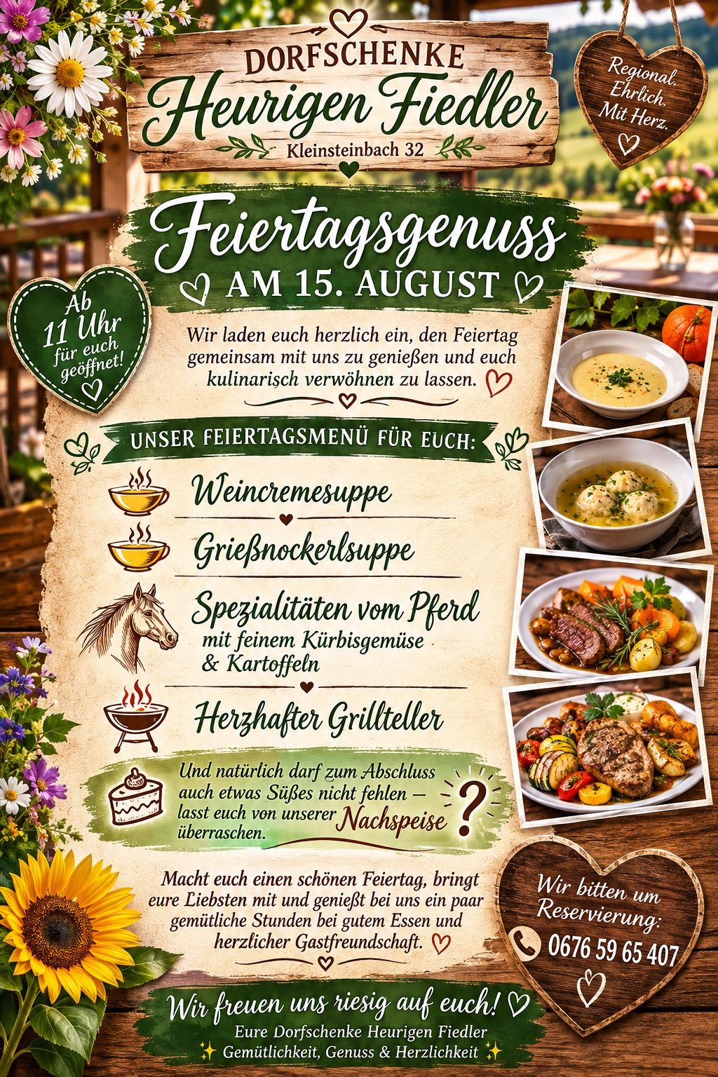 Ein festliches Menü für den 15. August umfasst Weincremesuppe, Griebenknochensuppe, Pferdespezialitäten mit Kürbis und Kartoffeln, herzhafte Grillteller und eine Überraschungsdessert. Feiern Sie mit uns.