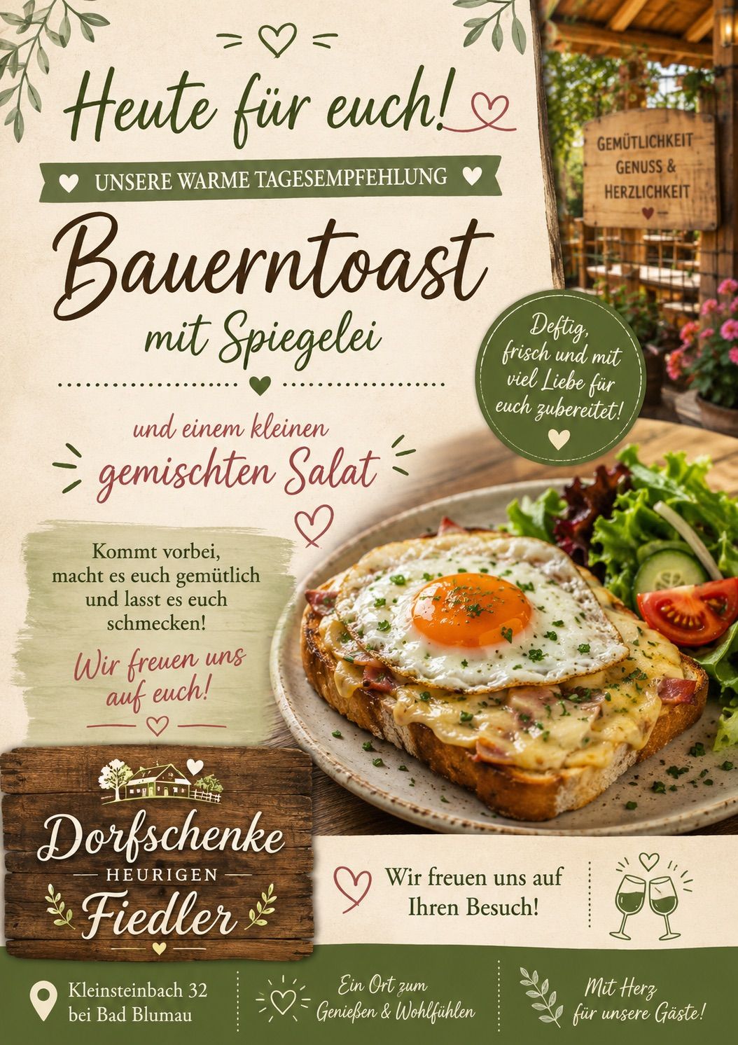Eine Werbung für eine gemütliche Essensempfehlung mit einem Teller Bauerntoast mit Spiegelei, begleitet von einem kleinen gemischten Salat und einem Holzschild mit herzlicher Willkommensbotschaft.