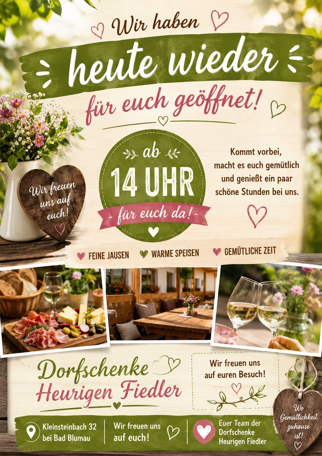 Ein Plakat, das ein Restaurant bewirbt, das ab 14 Uhr geöffnet hat, mit Bildern von Essen, Getränken und Blumen, in einem warmen und einladenden Ton.