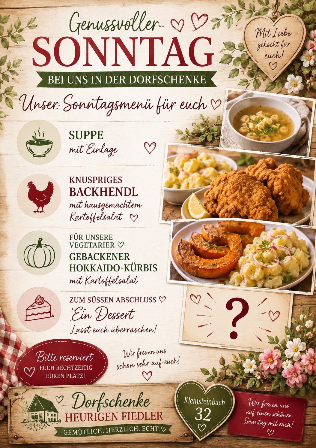 Ein Menü für ein Sonntagstreffen, bestehend aus einer Suppe mit Nudeln, knusprigem Hähnchen mit selbstgemachtem Kartoffelsalat, gebackenem Hokkaido-Kürbis mit Kartoffelsalat für Vegetarier und einem überraschenden Dessert. Reservieren Sie Ihren Platz!