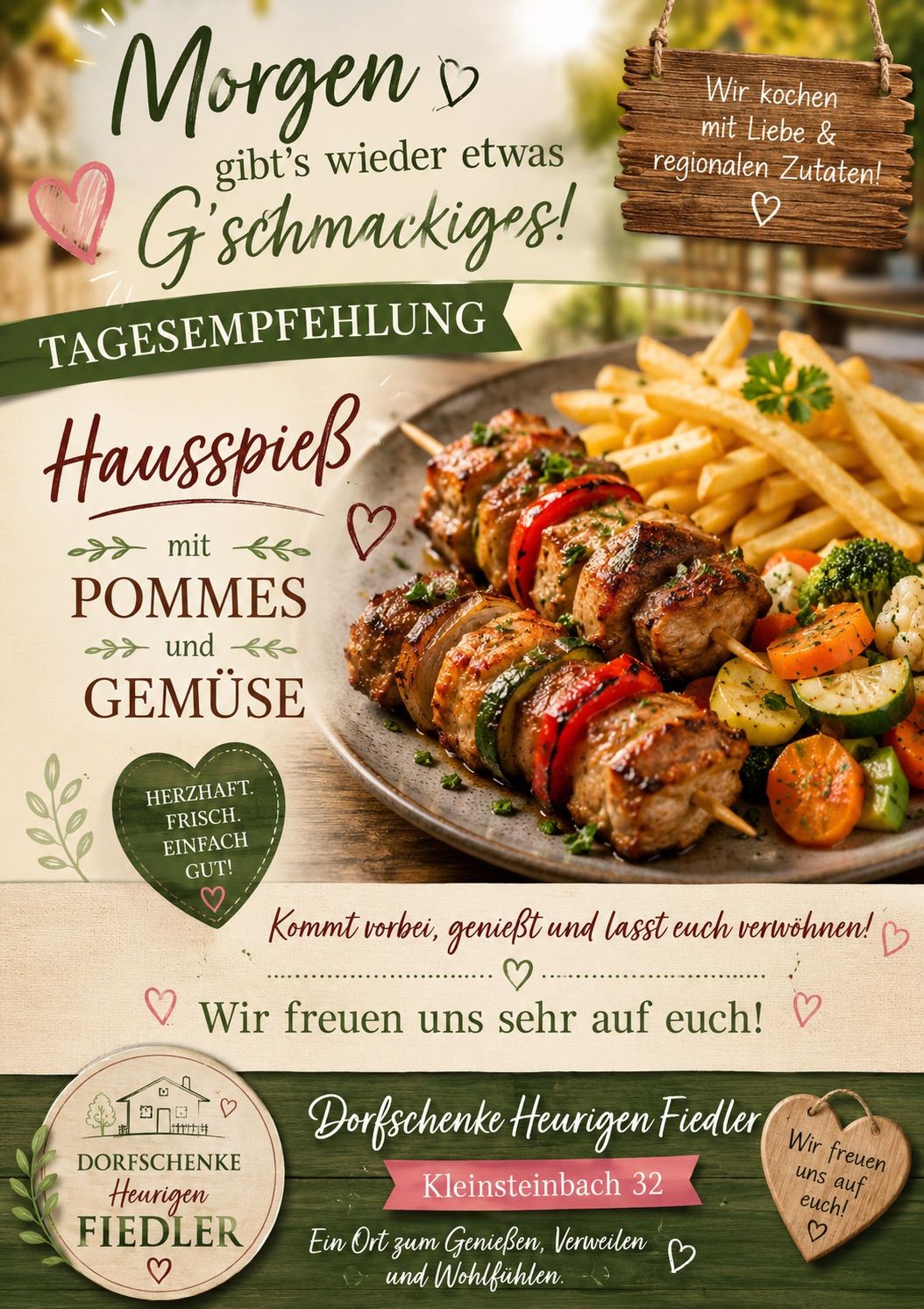 Ein Teller mit Kebabs, Gemüse und Pommes auf einem Holztisch mit einem herzförmigen Logo und Text auf Deutsch.