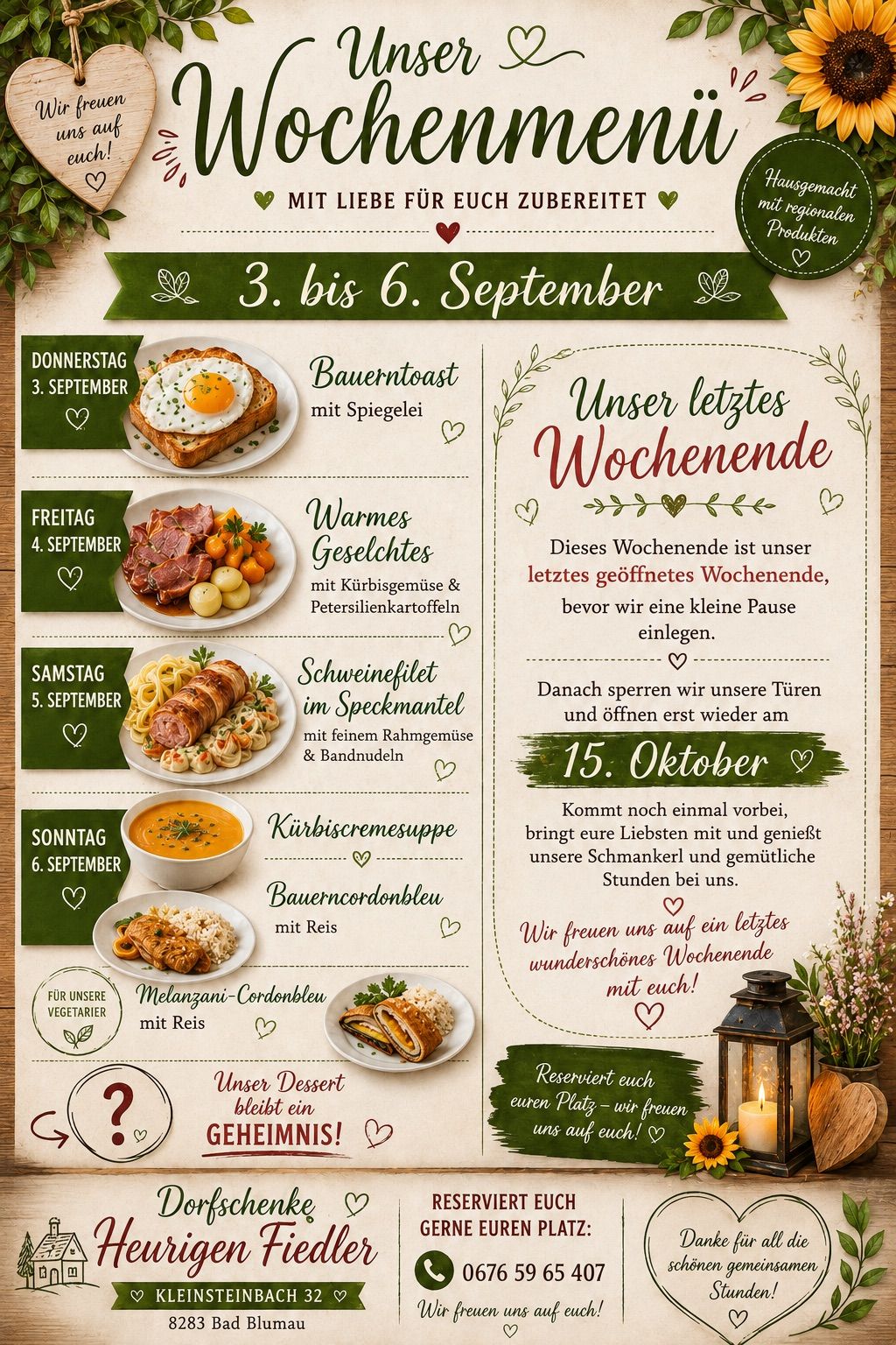 Menü für das letzte Wochenende im September mit Gerichten wie Bauerntoast mit Ei, warmen Fleischgerichten und Suppe. Das letzte Öffnen vor einer kurzen Pause.