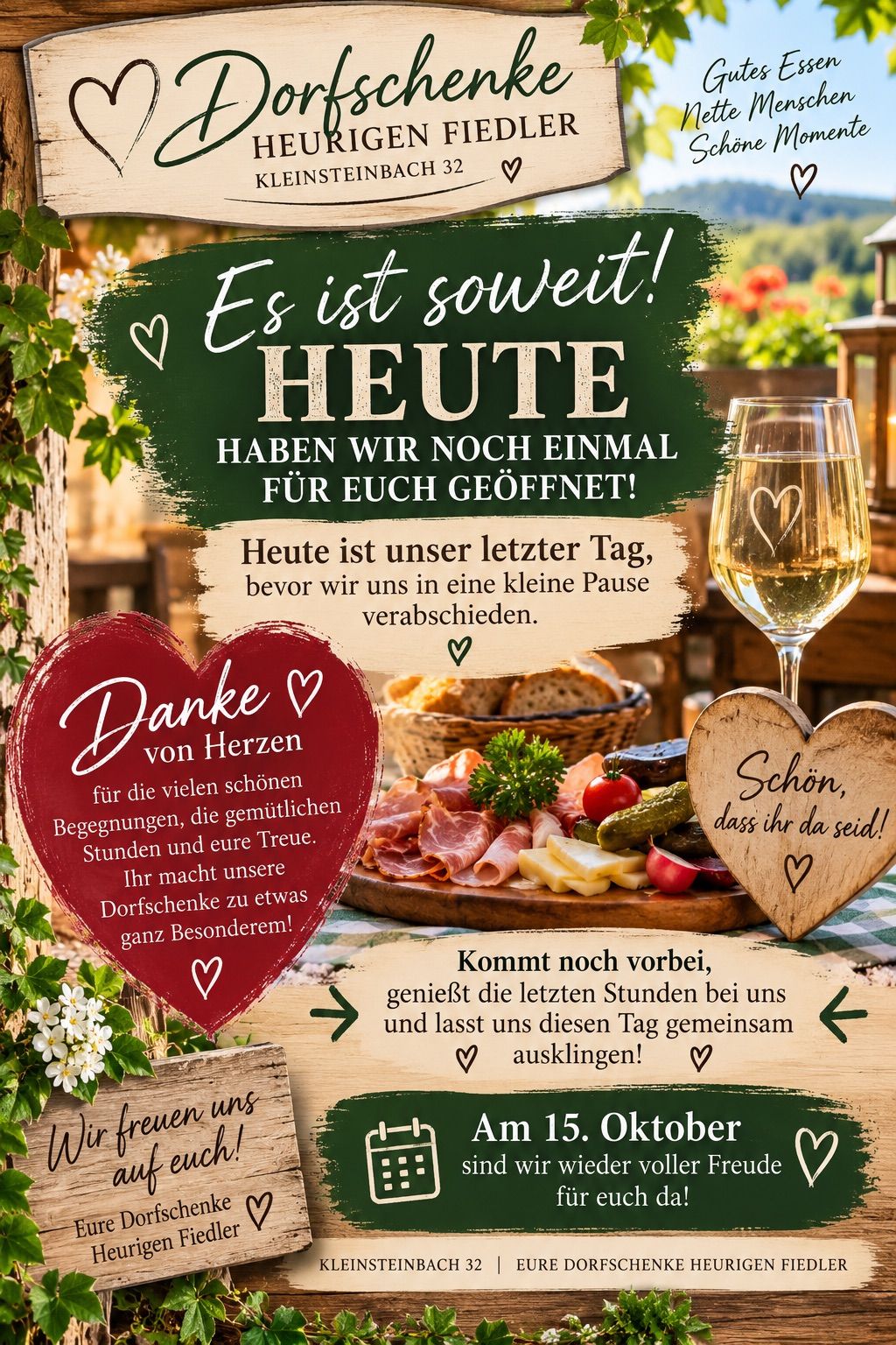 Ein Abschiedswerbeplakat für ein Restaurant mit einem herzförmigen Schild, einem Weinglas und einem Korb mit Essen. Der Text lautet: 'Es ist soweit! Heute haben wir noch einmal für Sie geöffnet!' und 'Kommt vorbei, genießt die letzten Stunden bei uns und lasst uns diesen Tag gemeinsam ausklingen!'