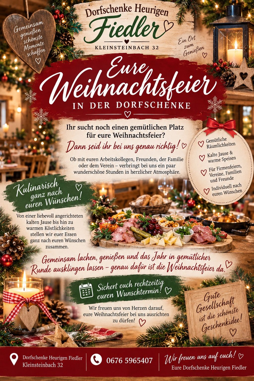 Eine Anzeige für ein gemütliches Weihnachtsfest in einer Dorfschenke, mit einem festlich gedeckten Tisch, Essen und Getränken, warmen Lichtern und einer fröhlichen Atmosphäre.