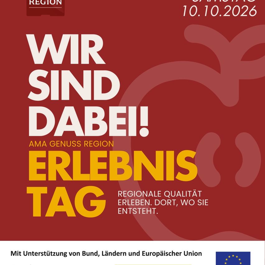 Plakat für das Erfahrungstag-Event am 10. Oktober 2026 mit rotem Hintergrund und weißen und gelben Texten. Es hebt regionale Qualität hervor und lädt zur Teilnahme ein.