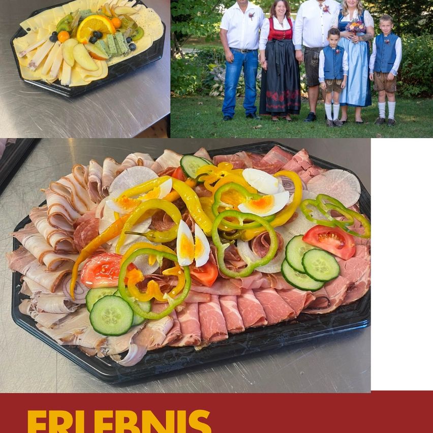 Eine Collage von Bildern mit einem Obstteller, einem Familienfoto und einem Fleischteller mit Gemüse. Das obere linke Bild zeigt einen bunten Obstteller auf einer Metalloberfläche. Das obere rechte Bild zeigt eine Familie, die auf einem Rasen steht. Das untere Bild zeigt einen Fleischteller mit verschiedenen Gemüsesorten.