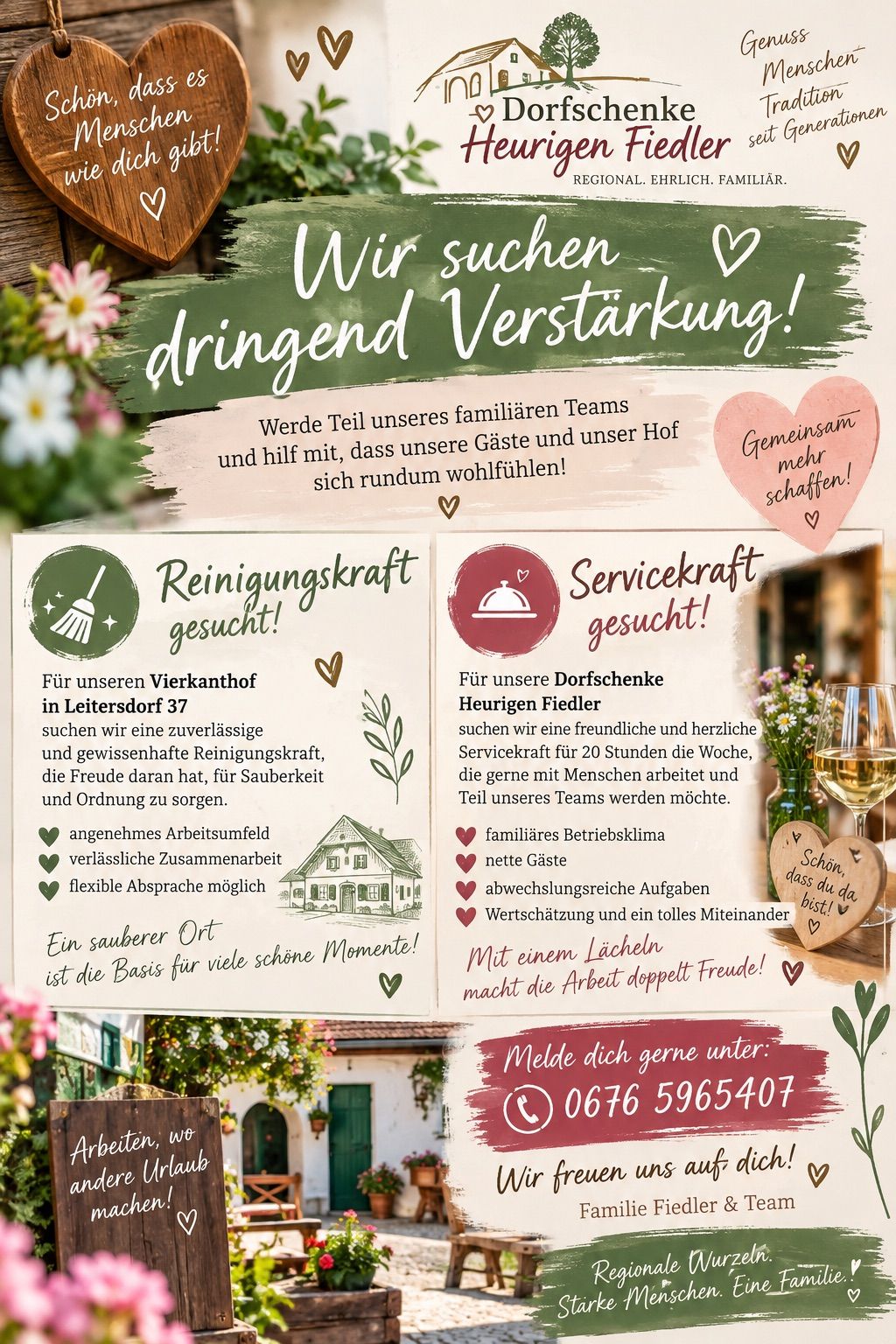 Ein Werbeplakat für eine Reinigungskraft und einen Servicemitarbeiter. Es hebt die Vorteile hervor, dem Team beizutreten, einschließlich einer freundlichen Atmosphäre, flexiblen Arbeitszeiten und der Möglichkeit, schöne Momente zu schaffen. Das Plakat zeigt ein Haus und Blumen im Hintergrund.