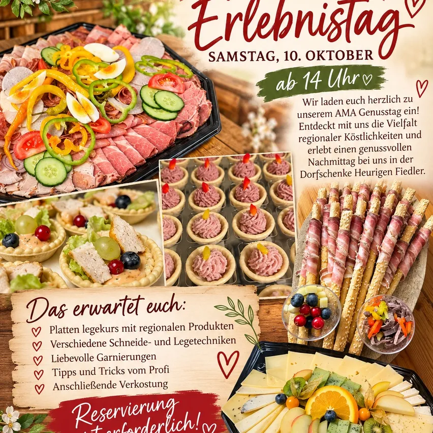 Plakat für eine Verkostungsveranstaltung bei Dorfschenke Heurigen Fiedler mit verschiedenen Speiseplatten und Gerichten.