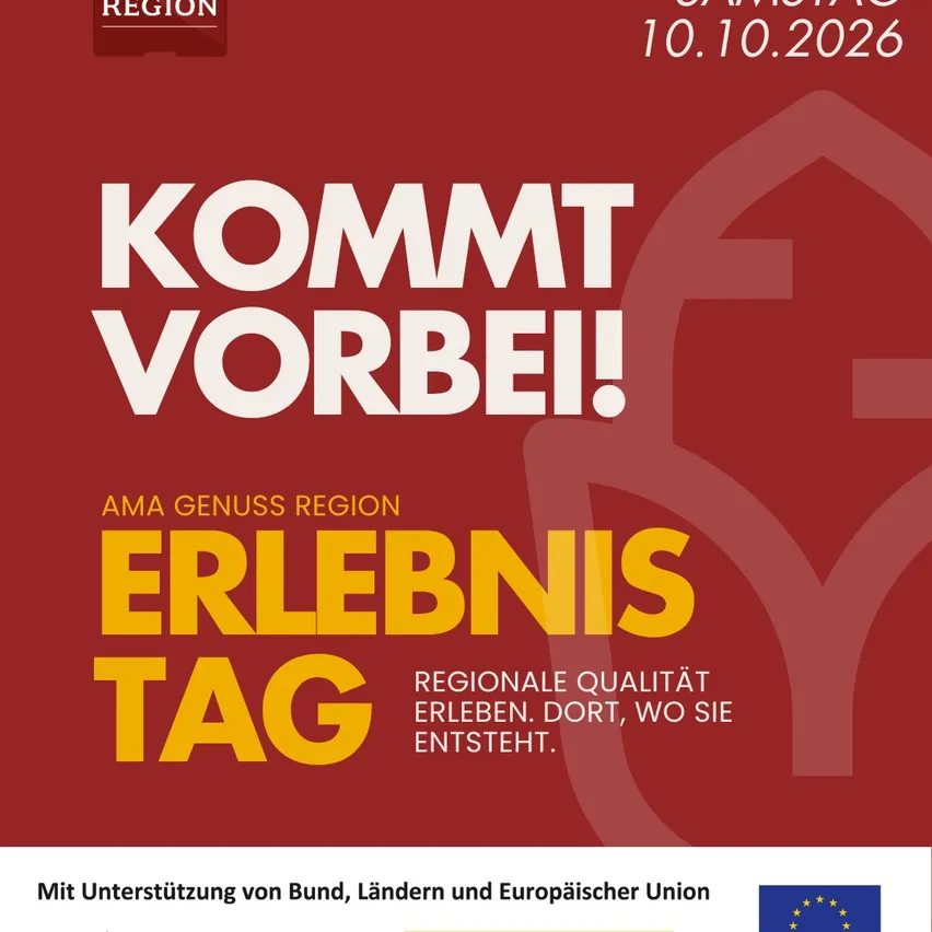 Ein roter Plakat mit weißen und gelben Text. Es sagt 'Komm vorbei!' und 'Erlebnis Tag'. Es hat auch ein Datum von 10.10.2026.