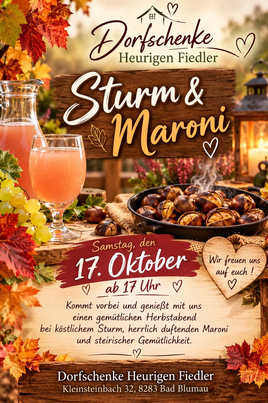 Ein Werbeplakat für einen Herbstevent mit einem Holzschild mit dem Text 'Sturm & Maroni', einem Glas rosafarbenen Getränks, einer Schüssel mit gerösteten Kastanien und Herbstblättern.