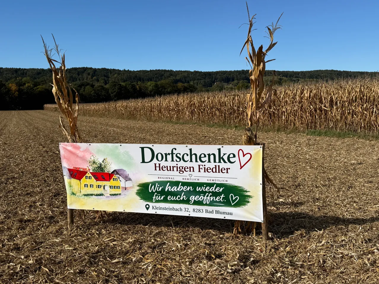 Ein Schild in einem Maisfeld mit einem Bild eines Hauses und dem Text Dorfschenke Heurigen Fiedler.