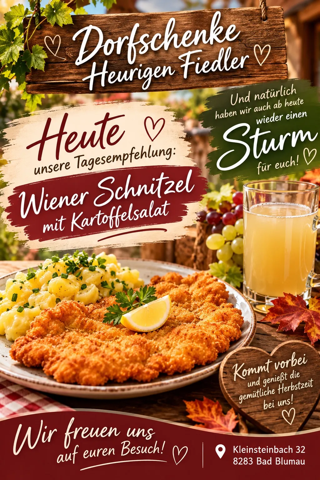 Werbung für ein Restaurant namens Dorfschenke Heurigen Fiedler. Das Menü bietet ein Wiener Schnitzel mit Kartoffelsalat und ein Glas Saft.