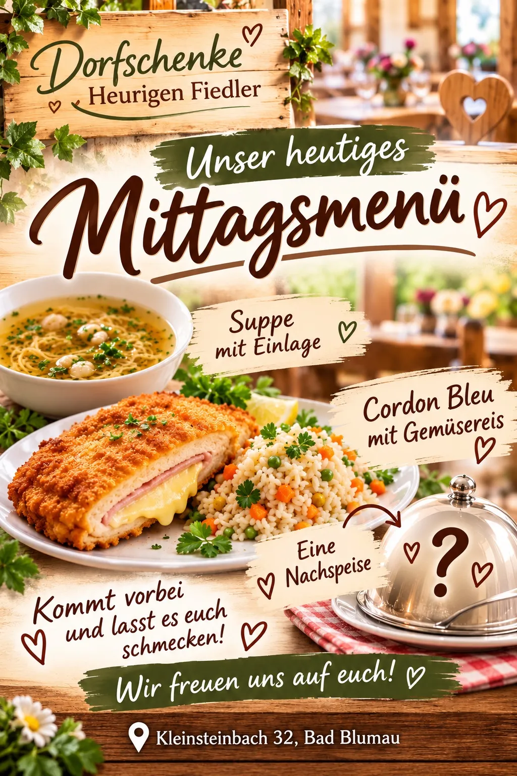 Ein Holztisch zeigt ein Menü mit Gerichten wie Suppe, Cordon Bleu mit Gemüse und einem Rätselgericht.