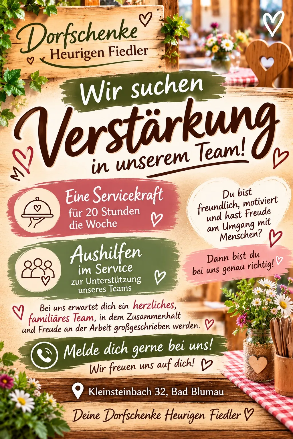 Ein Plakat, das eine Stellenausschreibung für einen Servicejob bei Dorfschenke Heurigen Fiedler bewirbt. Das Plakat zeigt ein Holzschild, ein Herz und eine Restaurantumgebung.