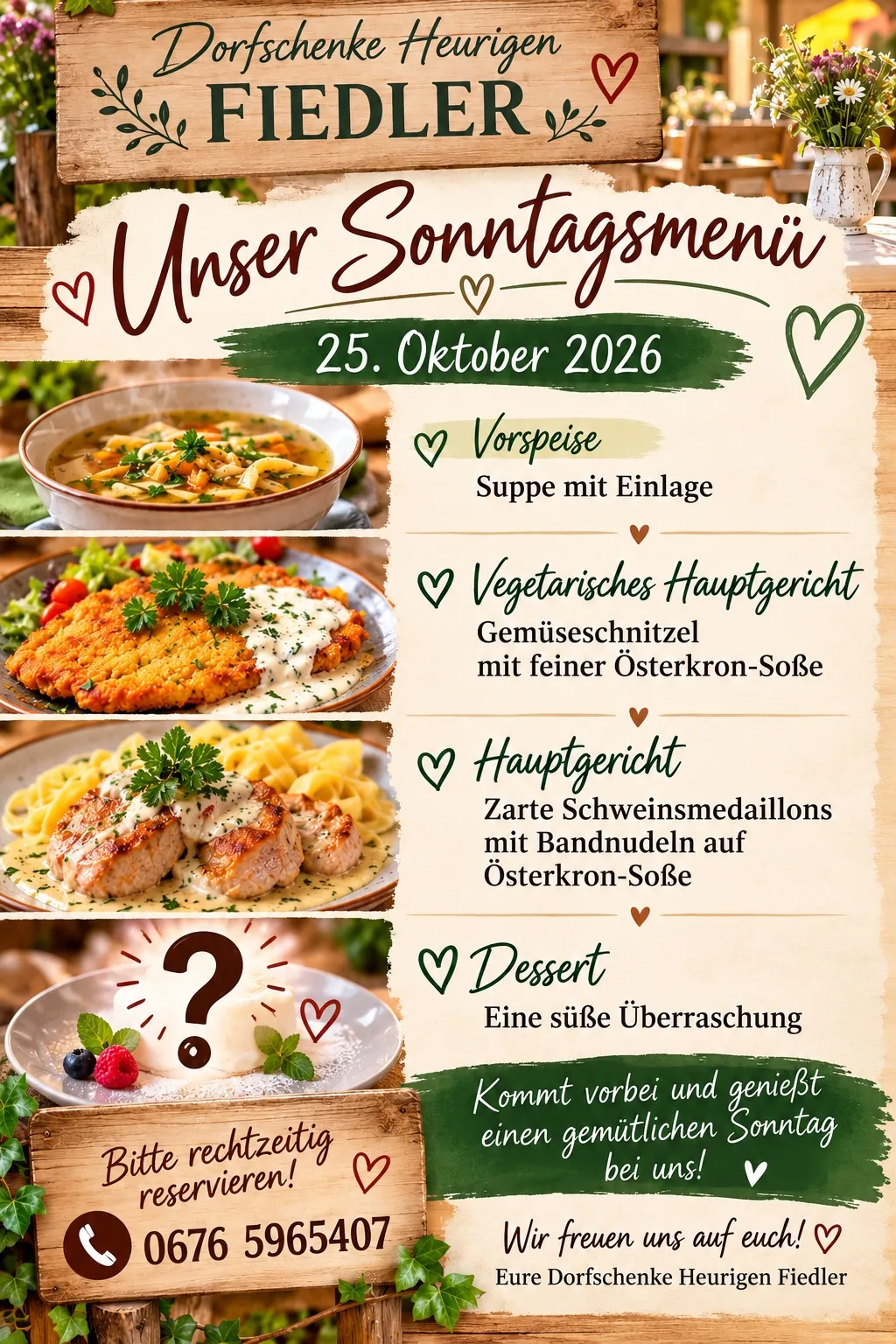 Ein Werbeplakat für Dorfschenke Heurigen Fiedler mit einem Menü für den Sonntag, den 25. Oktober 2026. Das Menü umfasst eine Suppe, ein vegetarisches Hauptgericht, ein Schweinefleisch-Hauptgericht und ein Dessert.