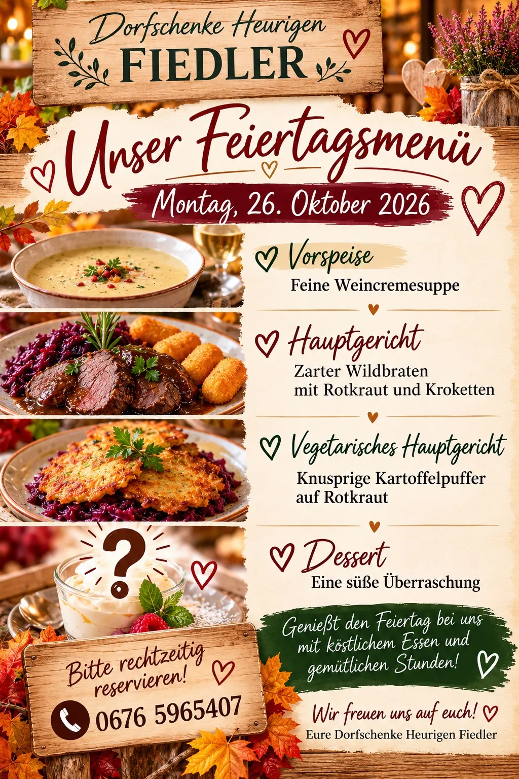 Ein Restaurantmenü für Dorfschenke Heurigen Fiedler am 26. Oktober 2026. Das Menü umfasst eine Suppe, ein Hauptgericht aus Wild mit Rotkohl und Kroketten, ein vegetarisches Hauptgericht aus Kartoffelpuffern mit Rotkohl und ein Dessert.