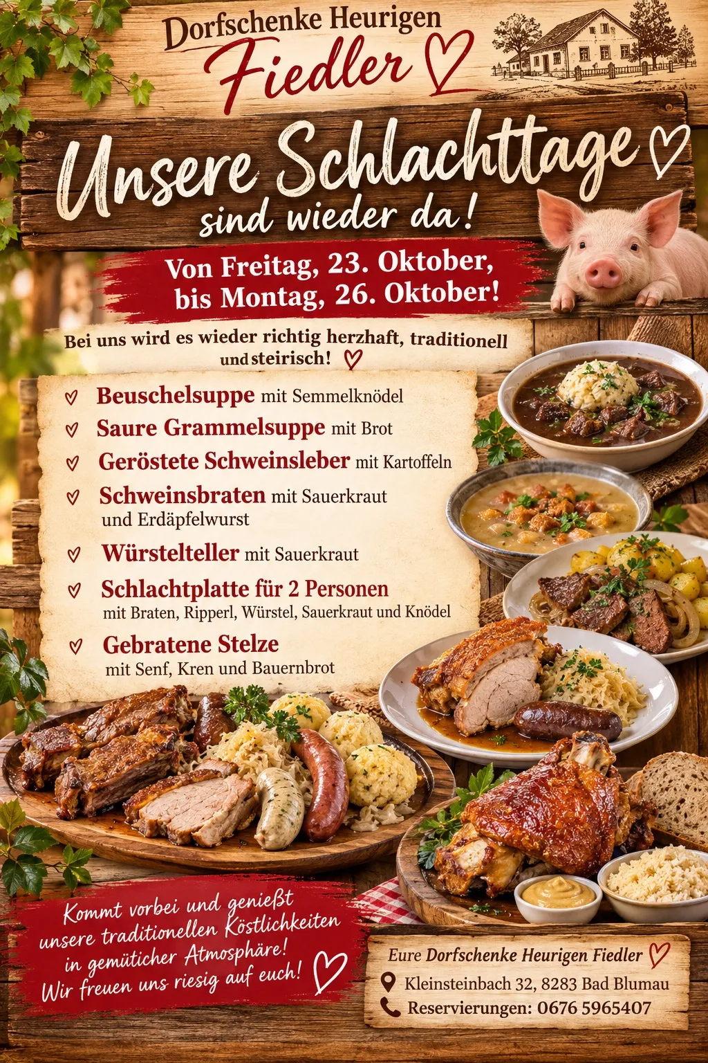 Ein Plakat, das ein traditionelles österreichisches Schweinemetzger-Event ankündigt, mit einem Schwein und verschiedenen Gerichten.