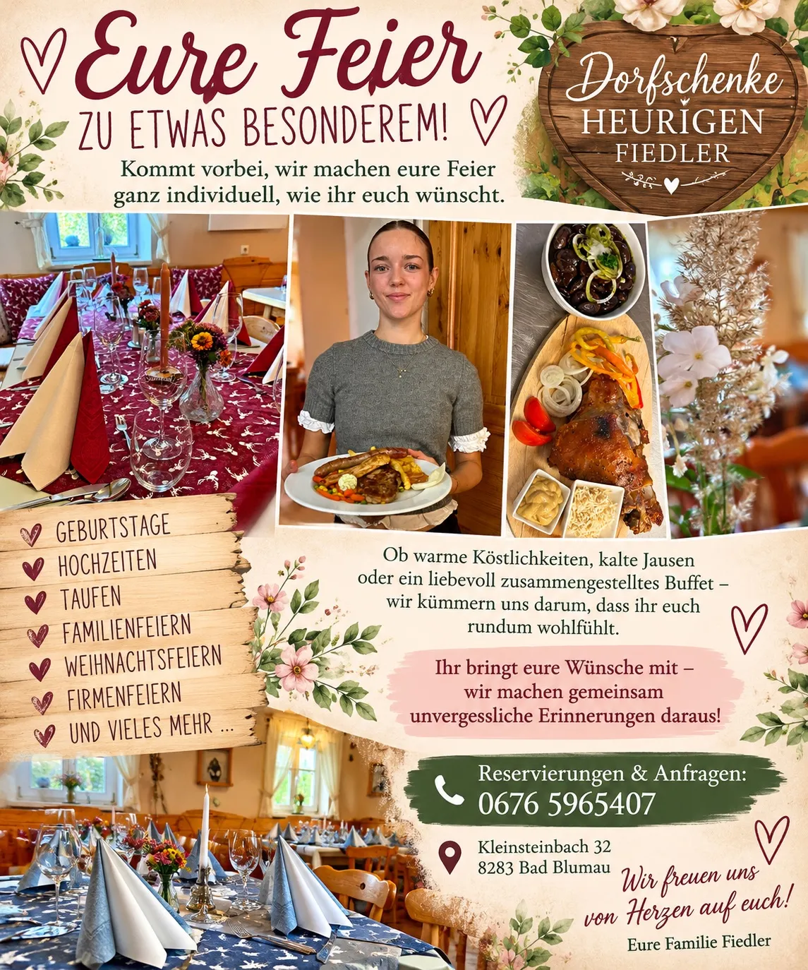 Ein Werbeplakat für Dorfschenke Heurigen Fiedler, das eine Frau mit einem Teller Essen, einen gedeckten Tisch und ein Holzschild mit verschiedenen Veranstaltungsnamen zeigt.