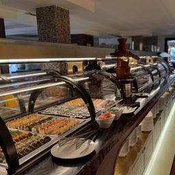 Ein Sushi-Buffet mit einer Vielzahl von Sushi-Rollen und anderen japanischen Gerichten, serviert unter Glaskuppeln. Ein Schokoladenbrunnen steht auf dem Tresen.