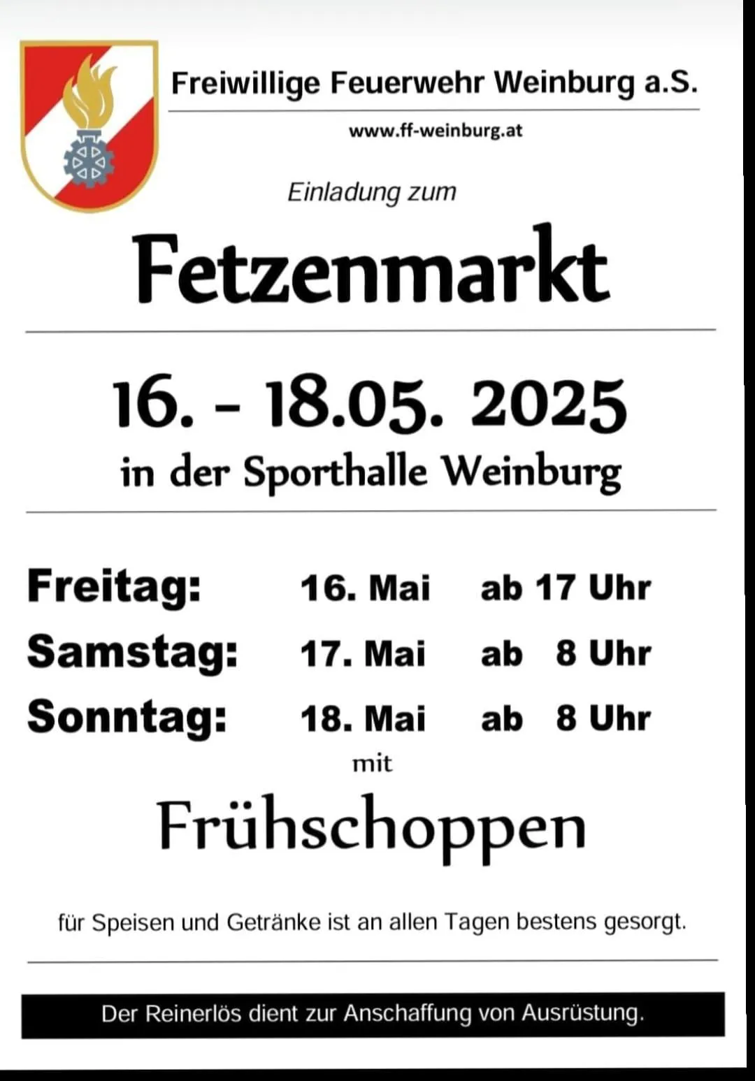 Einladung zum Fettmarkt vom 16. bis 18. Mai 2025 in der Sporthalle Weinburg. Freitag ab 17 Uhr, Samstag und Sonntag ab 8 Uhr mit Frühshoppen. Wein und Snacks sind an allen Tagen verfügbar.