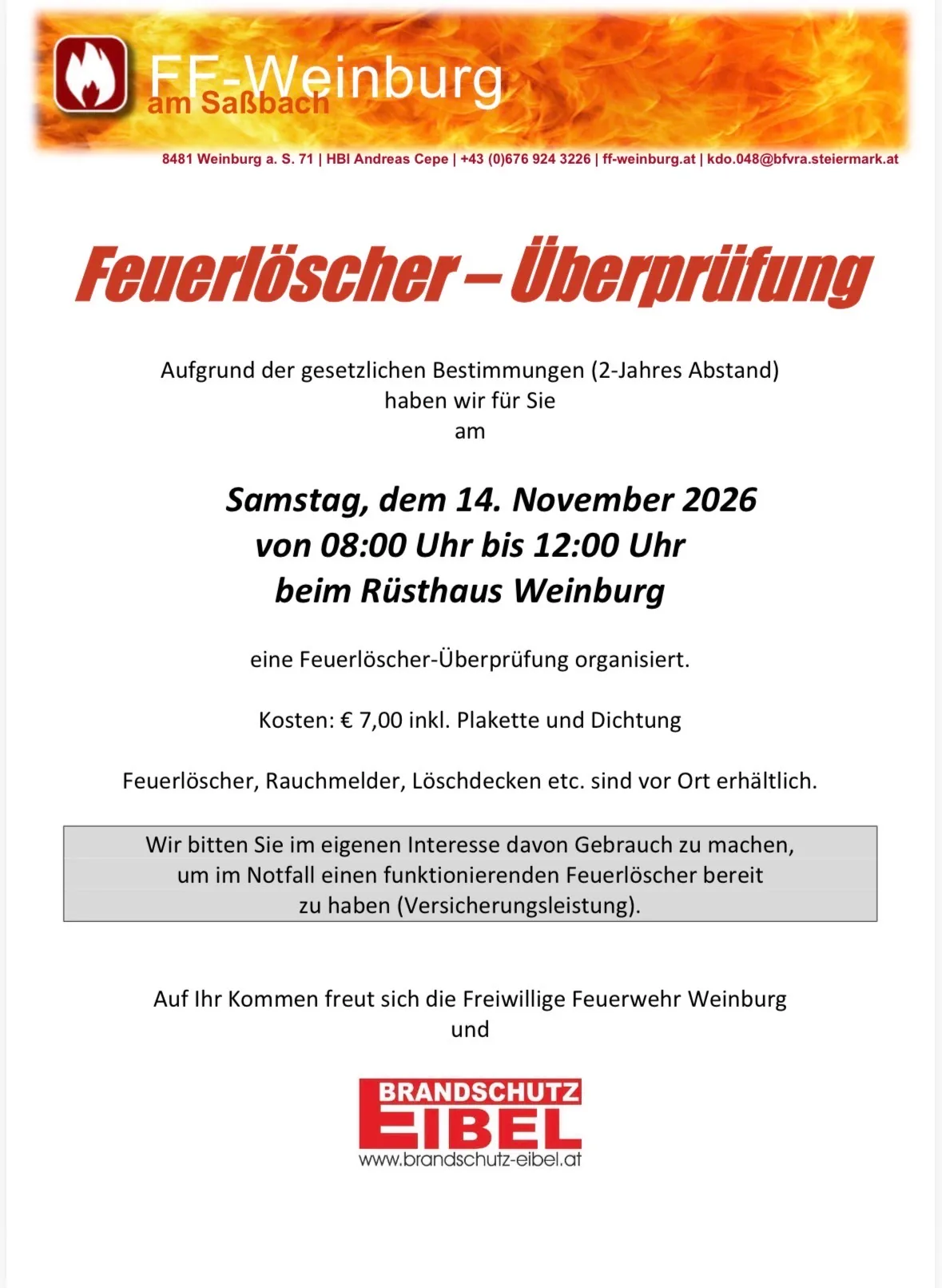Ein Werbeplakat für eine Feuerlöscher-Überprüfungsveranstaltung in Weinburg, Österreich, am 14. November 2026 von 08:00 Uhr bis 12:00 Uhr. Die Veranstaltung wird von der örtlichen Feuerwehr organisiert und beinhaltet eine Feuerlöscher-Überprüfung.