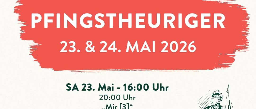 Plakat für Illmitzer Pfingstfest. Termine: 23. und 24. Mai 2026. Samstag: 16:00-20:00. Sonntag: 11:00-14:00 und 19:00. Mir [3] und Puszte Ramblers. Zeichnung eines Mannes mit Speer.