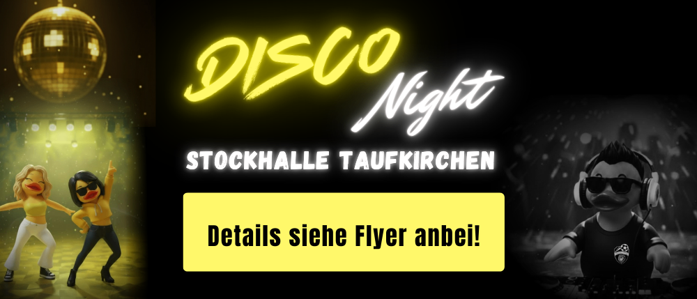 Ein Werbebanner für Disco Night in der Stockhalle Taufkirchen. Es zeigt einen gelben Hintergrund mit Text und tanzenden Charakteren.