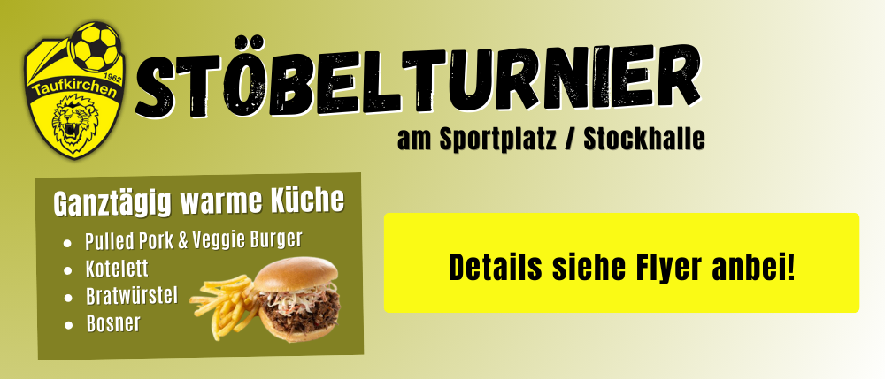Stobel Turner Werbung für einen Sportplatz. Tägliche warme Küche mit Burgern und Würsten. Details siehe Flyer.