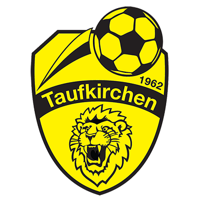 Das Logo einer Sportmannschaft namens Taufkirchen, gegründet 1962, zeigt einen brüllenden Löwen mit einem Fußball darüber auf schwarzem Hintergrund.