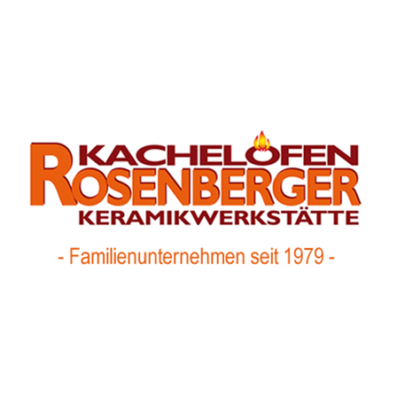 Das Logo für Rosenberger Kachelofen Keramikwerkstatt, ein Familienunternehmen seit 1979. Der Text ist in Orange mit einem Flammensymbol darüber.