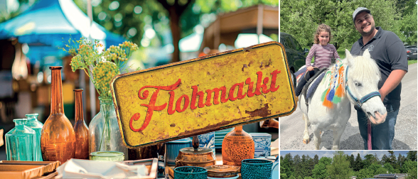 Eine Collage zeigt ein gelbes Schild mit Flohmarkt, einen Stand mit Glaswaren, einen Mann mit einem Kind auf einem Pferd und ein Haus mit Solarpanelen.