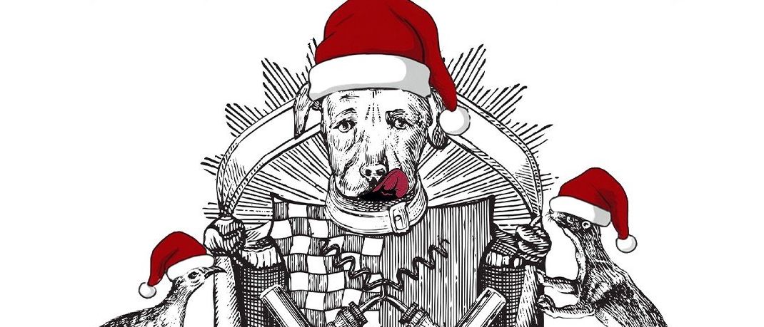 Eine weihnachtliche Illustration mit einem Hund, einem Otter und einem Vogel, alle mit Weihnachtsmützen. Die Zeichnung ist um einen Wappenschild mit der Aufschrift 'BUSCHEN SCHANK' angeordnet.