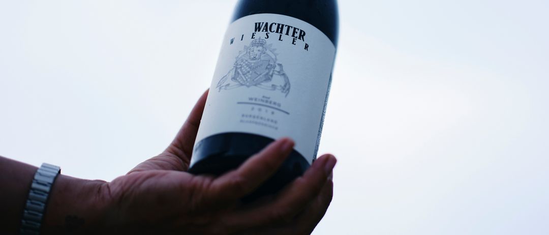 Eine Hand hält eine Flasche Wachter Riesling, ein Wein mit weißem Etikett vor einem unscharfen Himmelshintergrund.