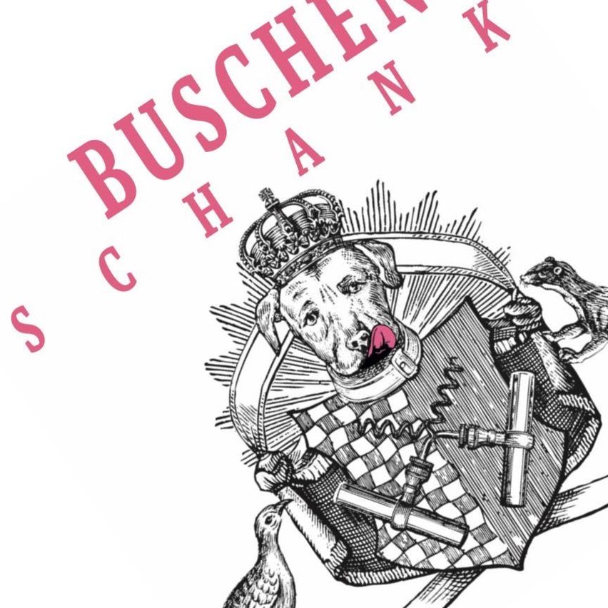 Zeichnung eines Hundes mit Krone, begleitet von einem Vogel und einem Eidechsen auf seiner Seite. Der Text 'S CHANK BUSCHIEN' ist in pink geschrieben.